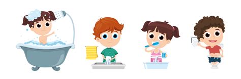 Ilustración de niños realizando diferentes hábitos de higiene (lavarse manos, cepillarse dientes, ducharse)