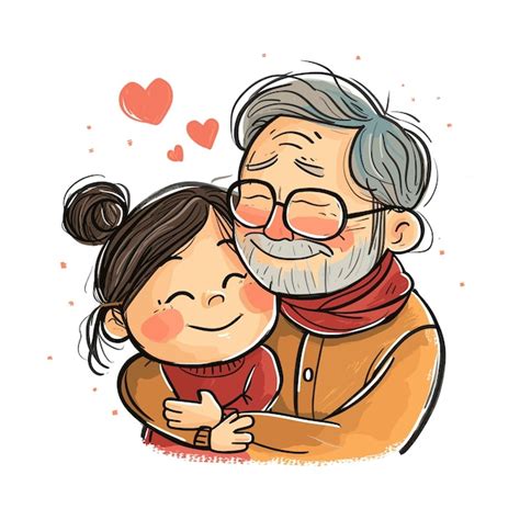 Dibujo humorístico de un abuelo y su nieta con perros