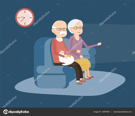 Ilustración cómica de una pareja de ancianos viendo televisión