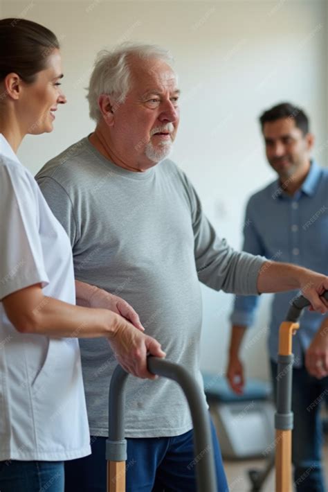 Equipo médico asistiendo a un anciano en rehabilitación