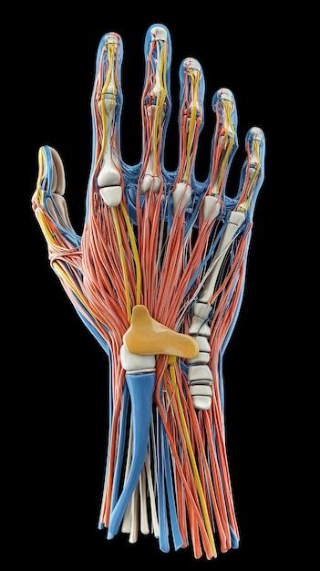 Esquema anatómico de la muñeca con huesos, ligamentos y tendones