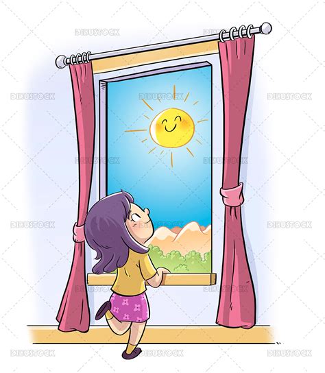 Ilustración de una niña triste mirando por la ventana de un centro de acogida.