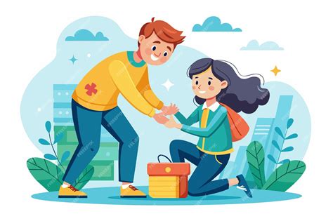 Ilustración representando una familia recibiendo apoyo, con elementos simbólicos de vivienda, alimentos y educación.