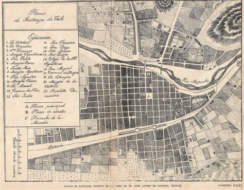 Mapa antiguo de Santiago de Chile, mostrando la Cordillera y el río Mapocho