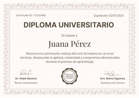 Diseño de diploma con código QR y validación internacional.