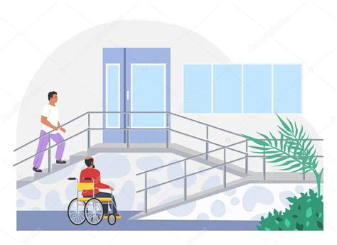 Ilustración de una persona con discapacidad intentando acceder a un edificio con escaleras, simbolizando barreras físicas.