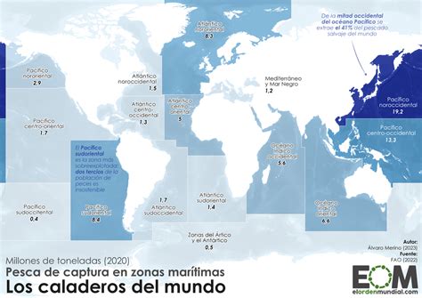 Mapa que indica las principales zonas de pesca y acuicultura a nivel mundial, con énfasis en la disponibilidad de pescado azul.