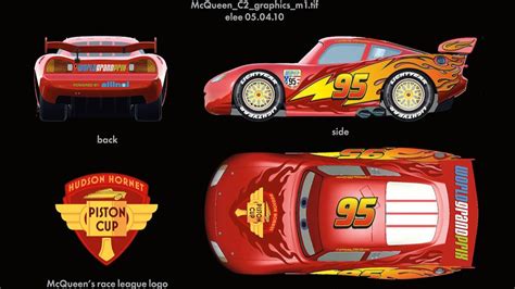 Esquema visual que muestra la evolución del diseño del Rayo McQueen desde Cars 1 hasta Cars 3, destacando sus cambios aerodinámicos y logotipos.