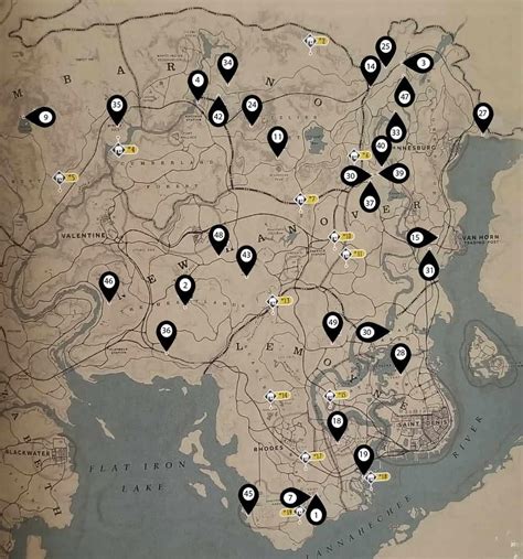 Mapa de puntos de interés y marcadores de misiones de forastero en Red Dead Redemption 2