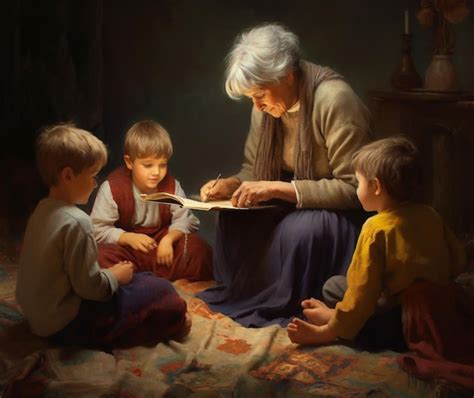 Pintura de una abuela campesina cuidando a sus nietos en un entorno rural