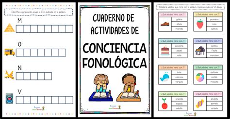 Infografía con ejemplos de ejercicios de conciencia fonológica y oraciones inacabadas