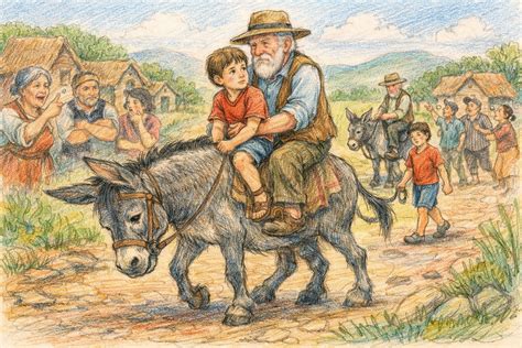 Ilustración del niño montado en el burro y el abuelo caminando a su lado