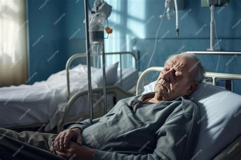 Hospitalizado anciano en la cama con un familiar a su lado