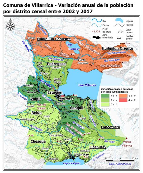 Mapa de la comuna de Villarrica con áreas rurales y urbanas destacadas