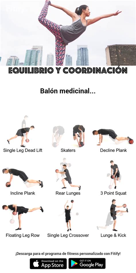 Infografía con ejemplos de ejercicios de equilibrio sencillos para realizar en casa.