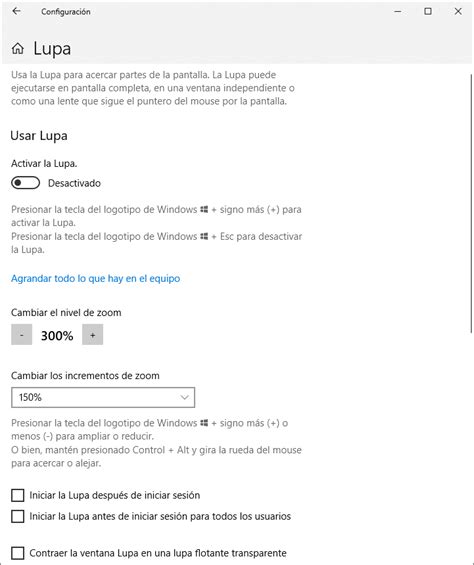 Interfaz de la Lupa de Windows mostrando texto ampliado y controles de lectura