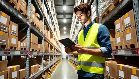 Esquema de gestión de inventarios y control de materiales en un entorno de bodega organizado.