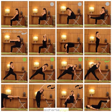 Collage de diferentes posturas de yoga adaptadas para personas mayores (en silla, con soportes).