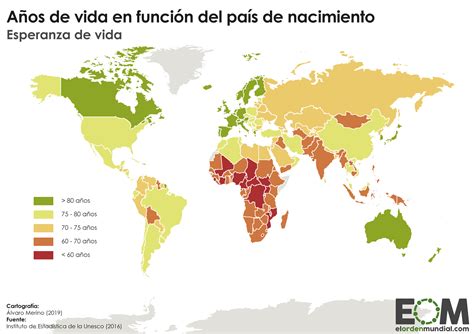 Mapa global de la esperanza de vida por países.