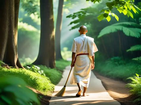 Anciano monje barriendo un jardín zen con una escoba