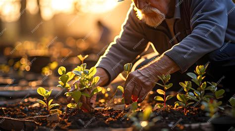 Anciano plantando un pequeño árbol en un huerto