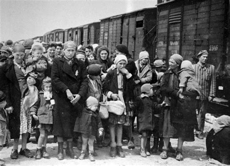 Mujeres y niños judíos deportados en fila para la selección en Auschwitz-Birkenau