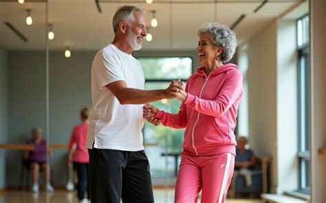 Infografía detallando los beneficios físicos del baile en adultos mayores: mejora cardiovascular, fortalecimiento óseo, aumento de flexibilidad y equilibrio.