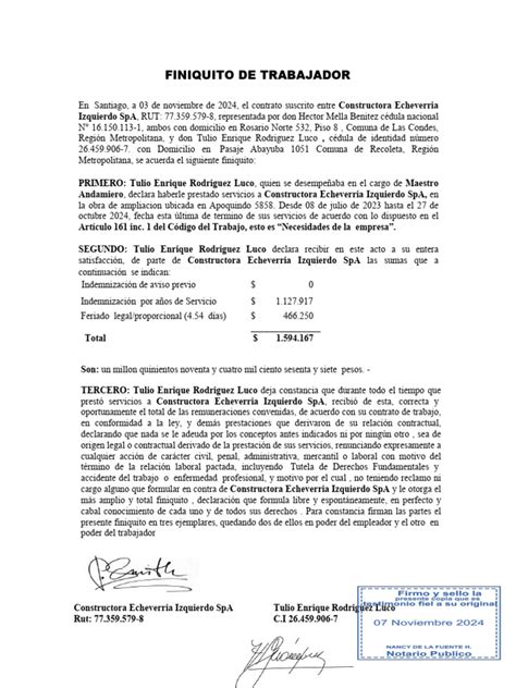 Documento legal de un finiquito de trabajo sellado por un notario.