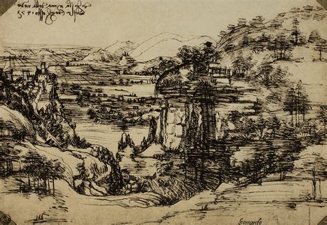 Dibujo a pluma de Leonardo da Vinci: Paisaje del valle del Arno.