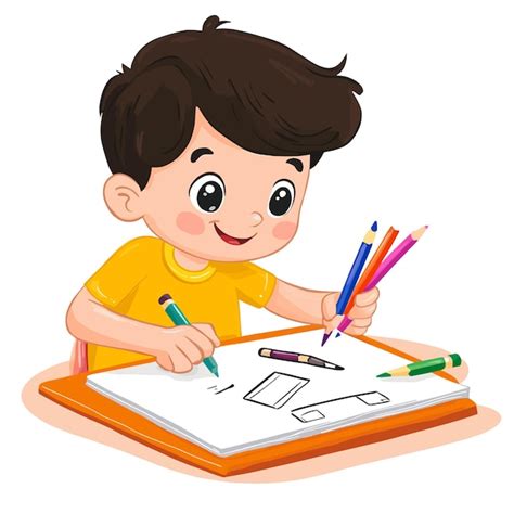 Un niño pequeño dibujando con concentración en una hoja grande de papel con varios lápices de colores esparcidos.