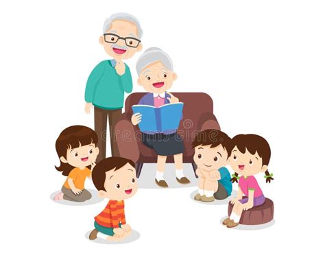 Ilustración de niños y abuelos compartiendo un libro o historias