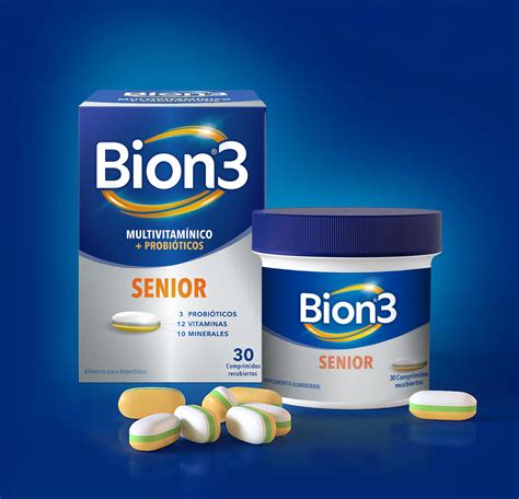 Infografía detallando la composición de Bion3 Senior: vitaminas, minerales, ginseng y cepas probióticas Tri-Bion Harmonis.