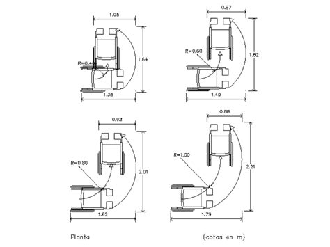 Plano de planta con espacio de giro de 1.50m para silla de ruedas en diferentes áreas