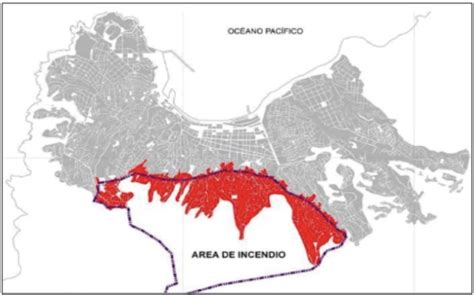 Mapa de Valparaíso mostrando las zonas afectadas por el incendio de 2014