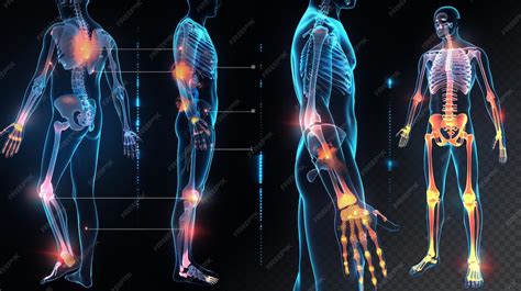 Esqueleto humano con zonas de dolor resaltadas