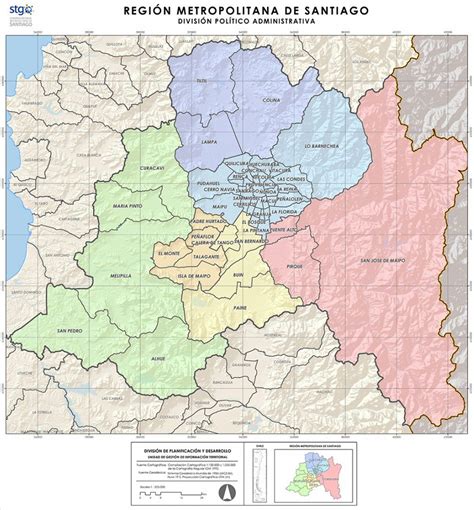 Mapa de la Región Metropolitana de Santiago mostrando zonas urbanas y suburbanas