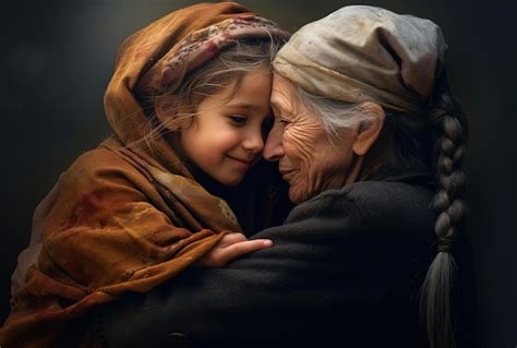 Foto de una joven abrazando a una anciana con ternura, ambas de perfil