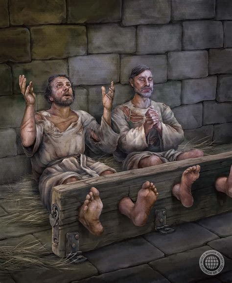 Ilustración de Pablo y Silas en prisión cantando himnos