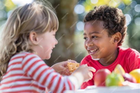 Foto de un niño compartiendo comida con una anciana en un parque