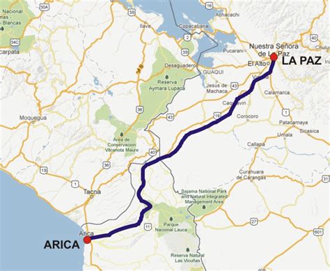 Mapa de la ruta ferroviaria Arica-La Paz