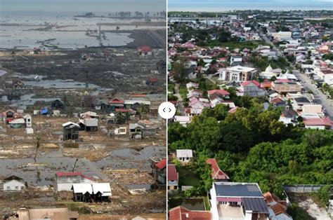 Fotografía aérea del puerto de Lebu antes y después del tsunami de 2010.
