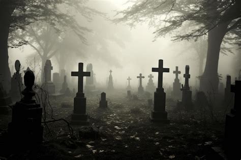 Cementerio al anochecer con neblina y tumbas antiguas