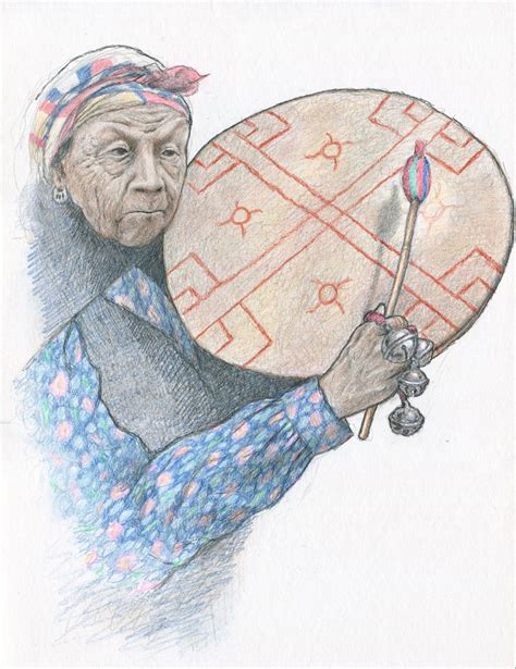 Foto de una anciana mapuche tocando el kultrun