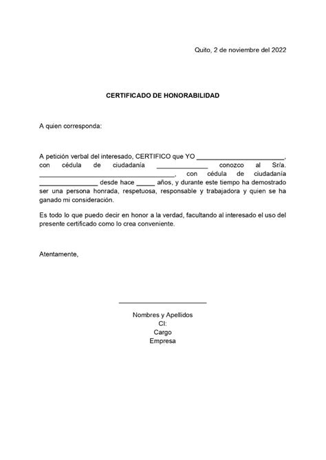 Ejemplo de certificación de honorabilidad en formato oficial
