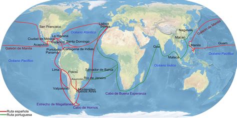 Mapa de las rutas comerciales transatlánticas y transístmicas del Imperio español, mostrando Portobelo y Panamá