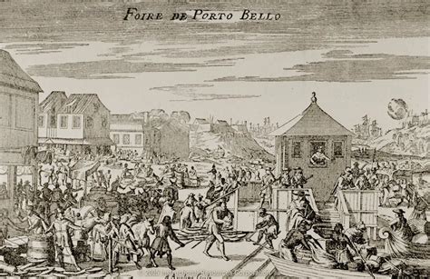 Grabado o ilustración de la feria de Portobelo con comerciantes, puestos y barcos en el puerto