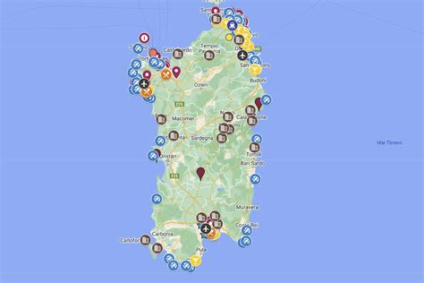 Mapa de Cerdeña con las localidades de Ales, Ghilarza, Sorgono