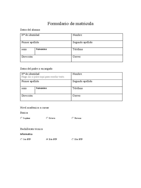 Formulario de matrícula escolar con documentos requeridos