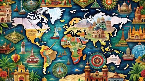 Mapa mundi con iconos de diferentes culturas para fiesta temática
