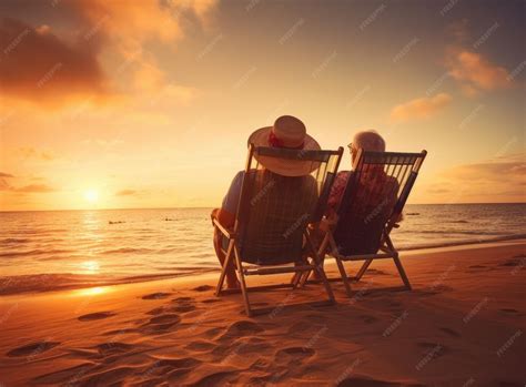 Pareja de jubilados disfrutando de un atardecer en un destino exótico